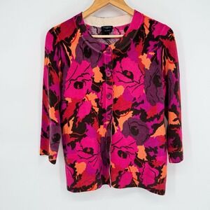 Talbots 100% Cashmere Fushia Floral Print Cardigan Sweater Sz LP Grandmacore
